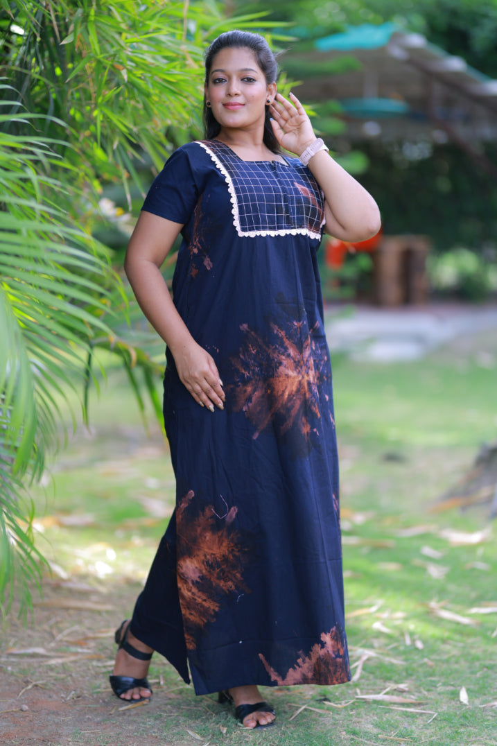 Navy Blue with Brown Lace Model  Tie And Dye Zip Nighty