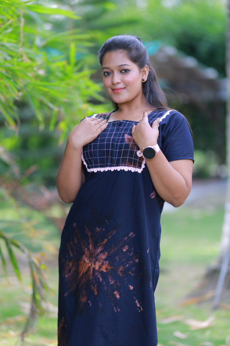 Navy Blue with Brown Lace Model  Tie And Dye Zip Nighty