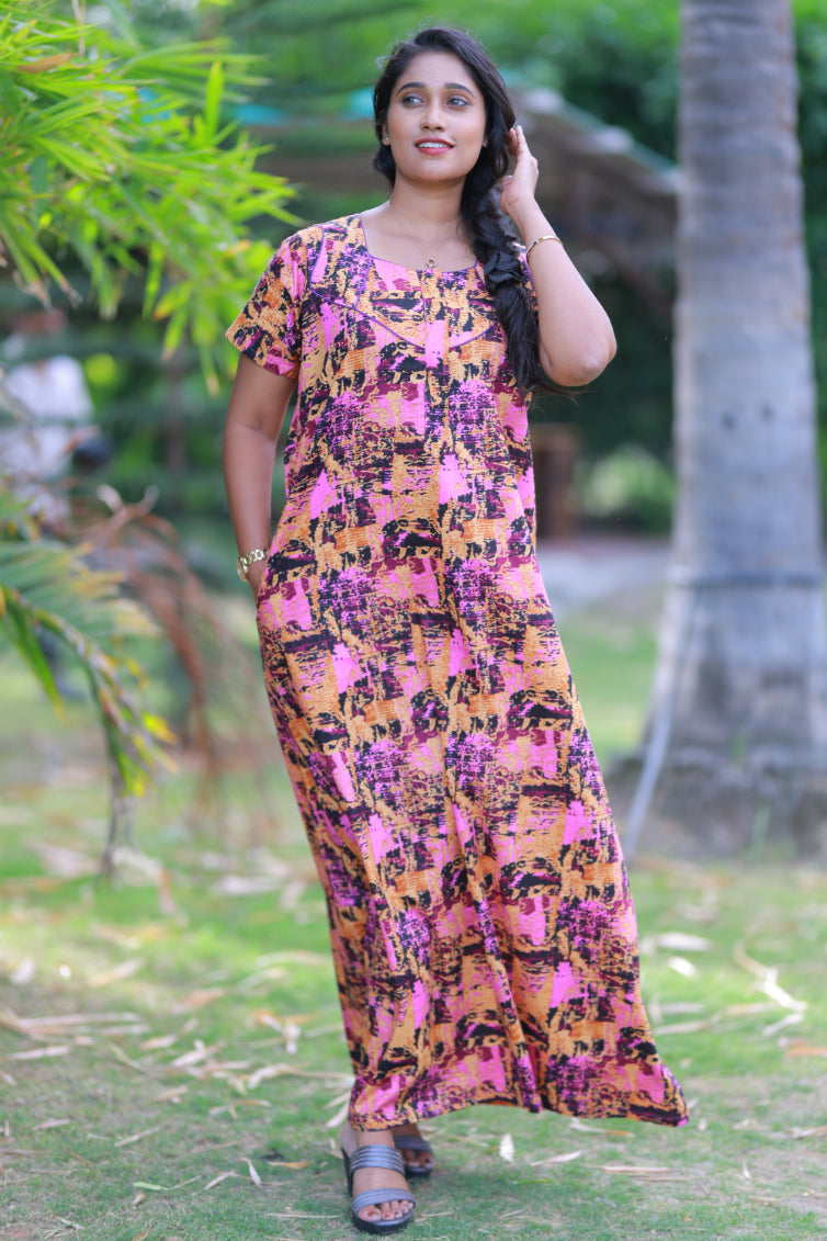 Pink With Yellow & Black  Piping Zip Nighty