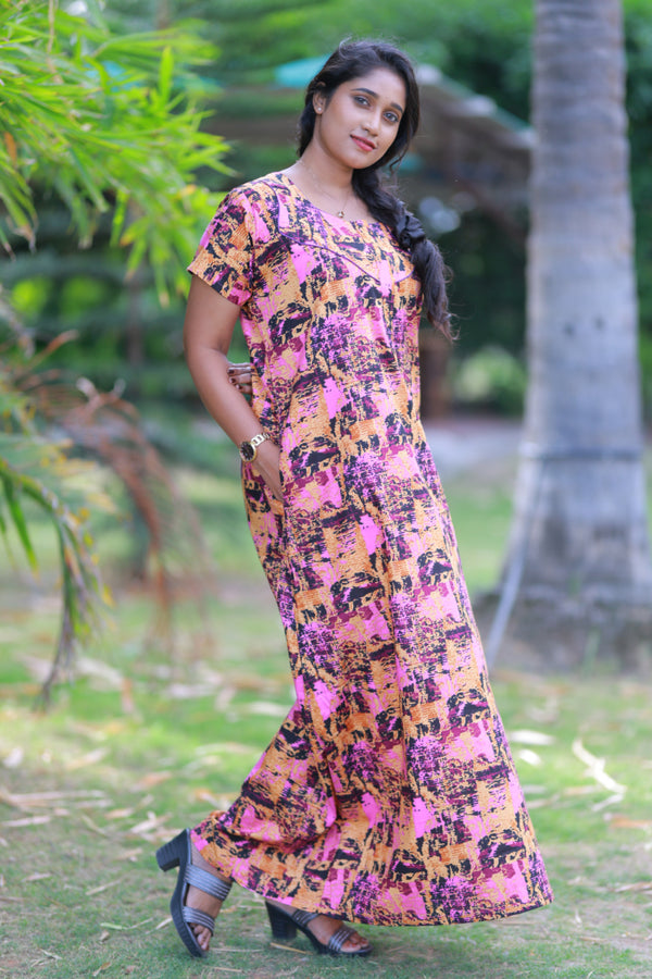 Pink With Yellow & Black  Piping Zip Nighty