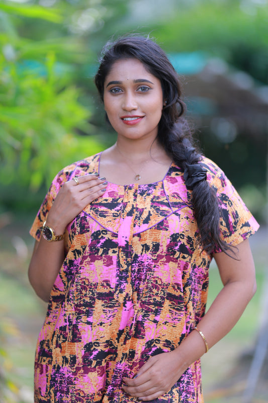 Pink With Yellow & Black  Piping Zip Nighty
