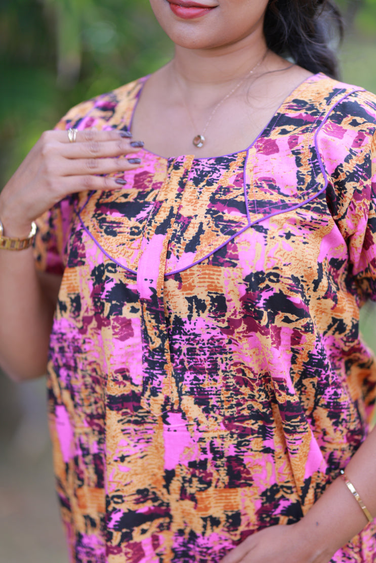 Pink With Yellow & Black  Piping Zip Nighty