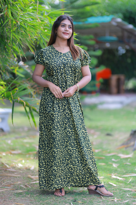 Dark Green With Yellow Pattern V Neck Puff Sleeve Without Zip Nighty