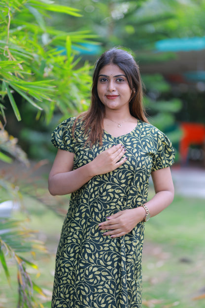 Dark Green With Yellow Pattern V Neck Puff Sleeve Without Zip Nighty