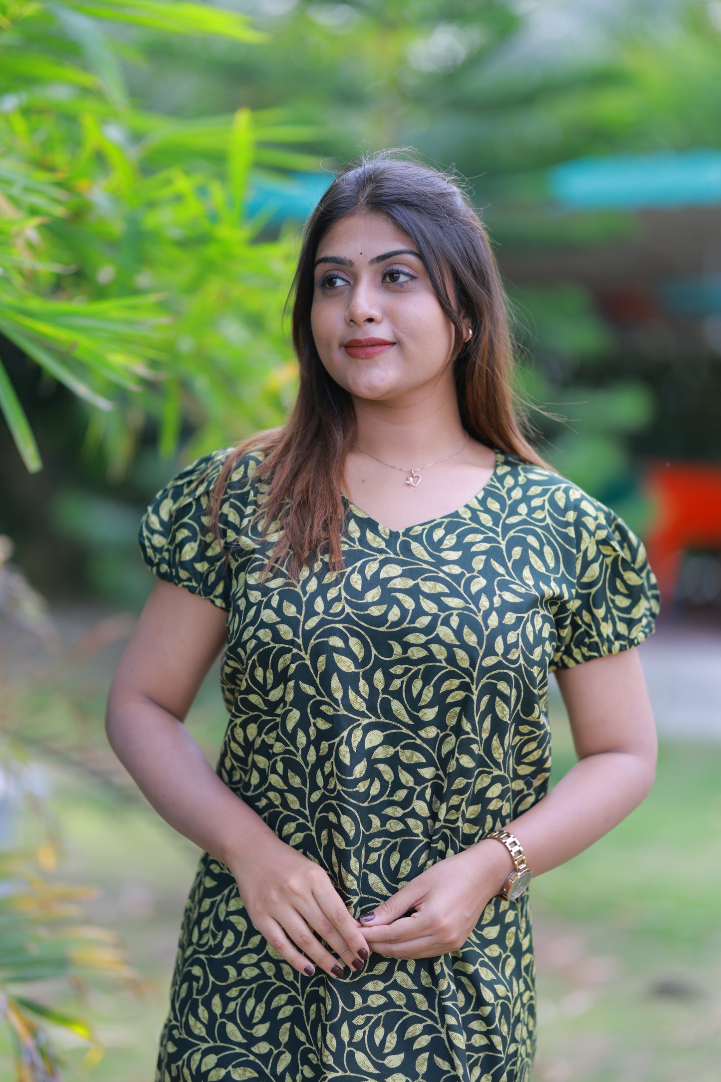 Dark Green With Yellow Pattern V Neck Puff Sleeve Without Zip Nighty