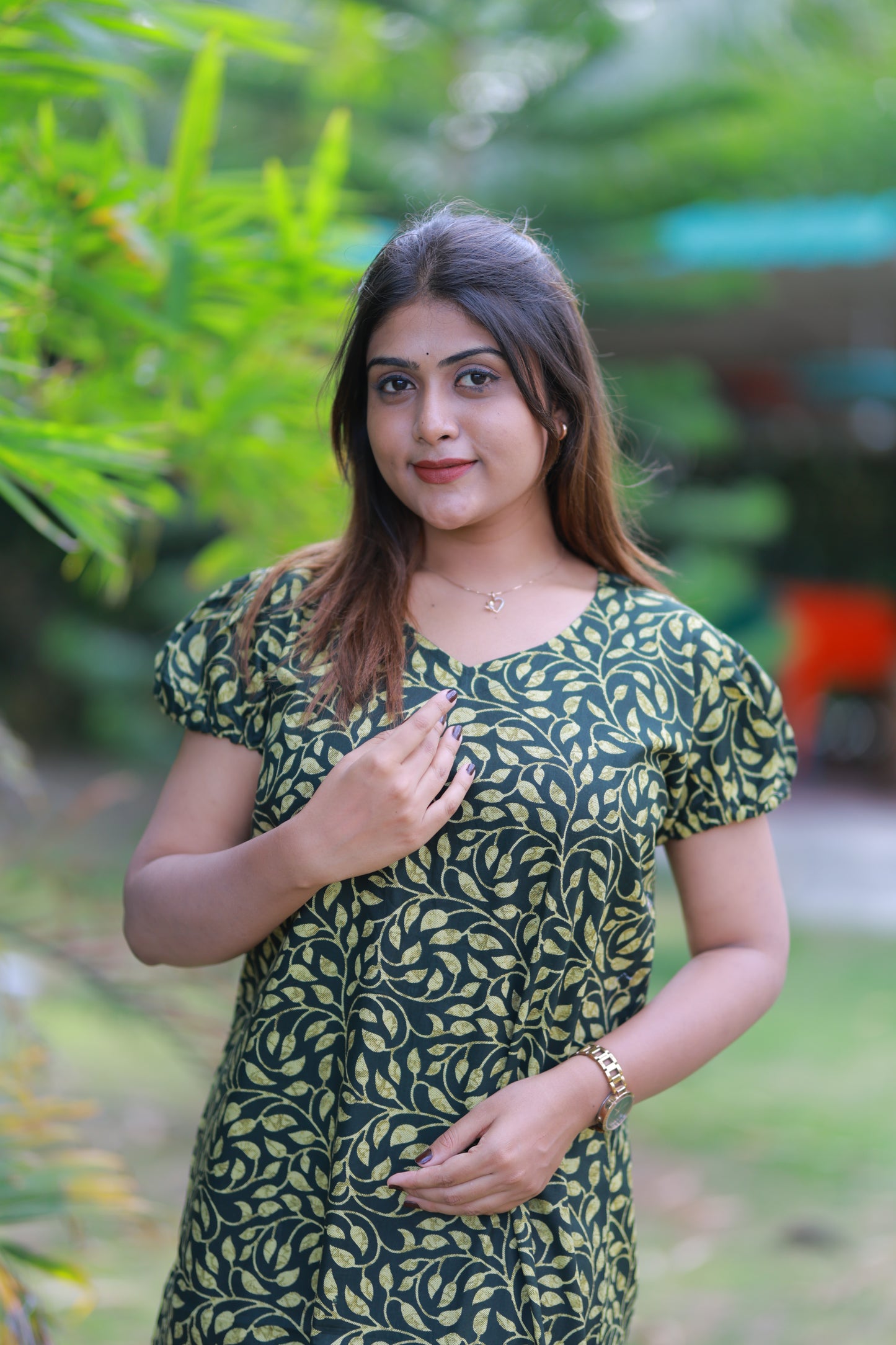 Dark Green With Yellow Pattern V Neck Puff Sleeve Without Zip Nighty