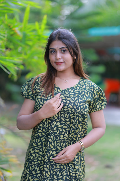 Dark Green With Yellow Pattern V Neck Puff Sleeve Without Zip Nighty