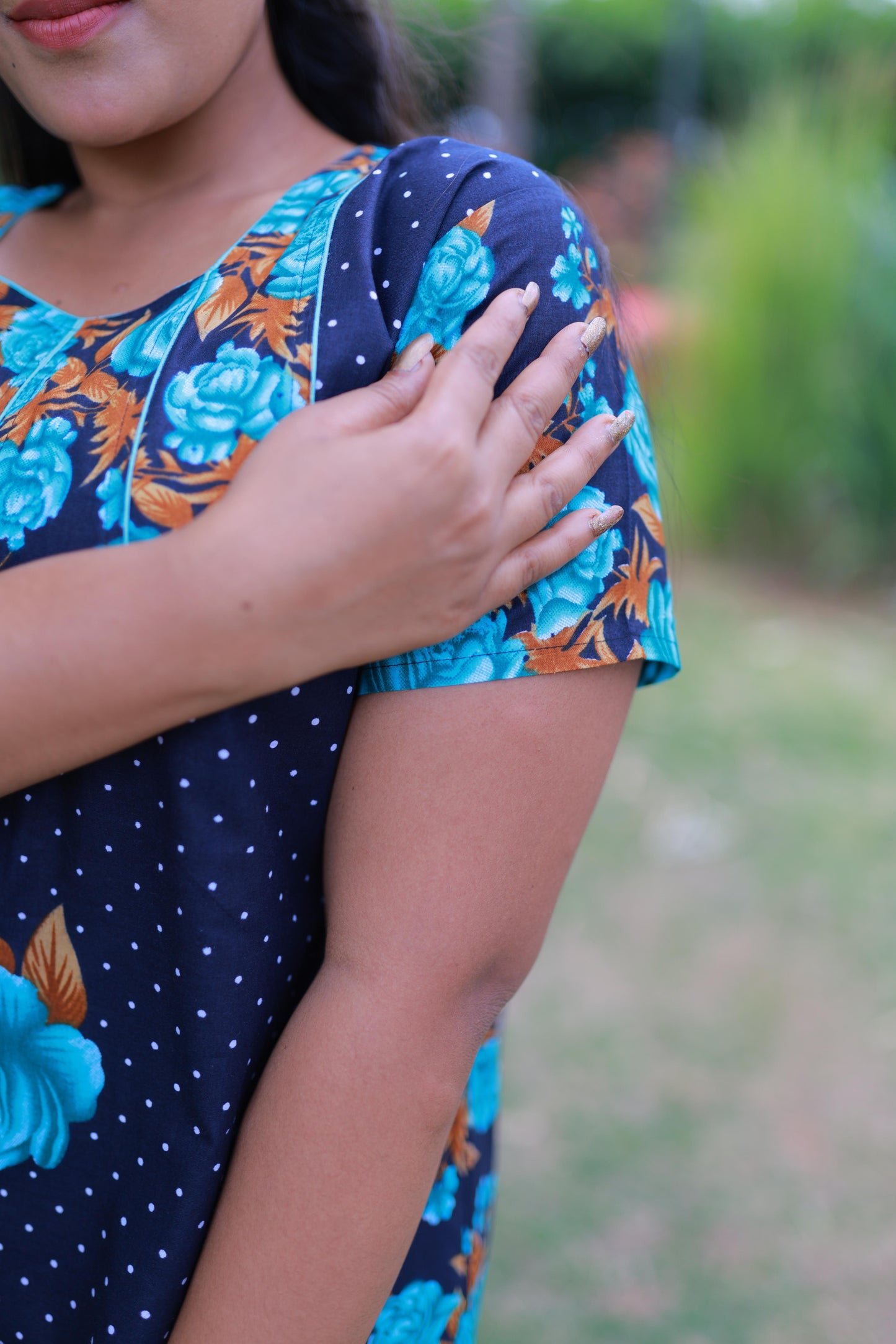 Dark Blue With Sky Blue and Brown Flower Design Piping Without Zip Nighty