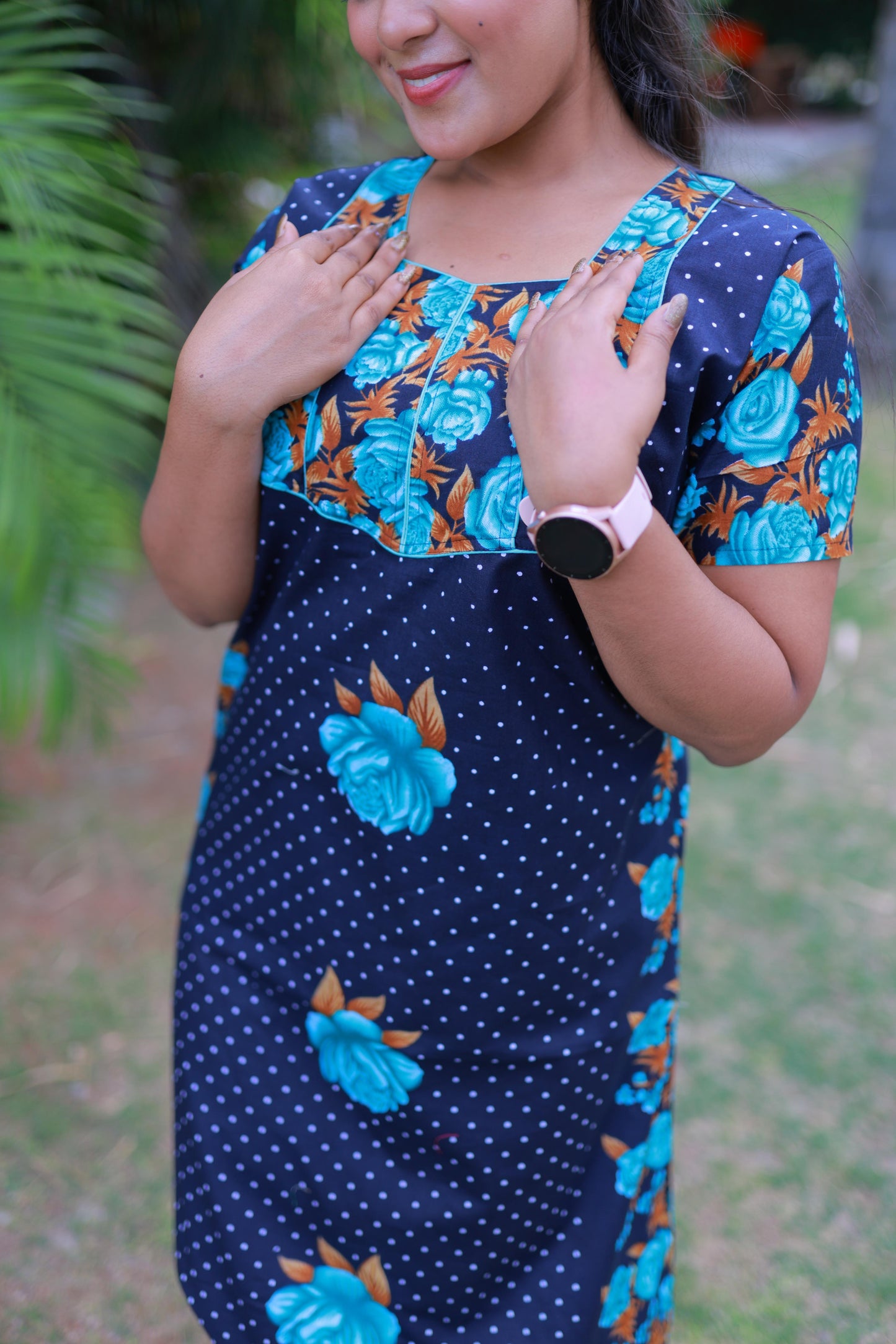 Dark Blue With Sky Blue and Brown Flower Design Piping Without Zip Nighty