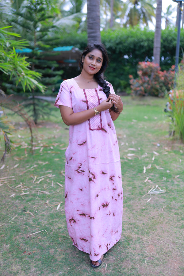 Peach With Maroon  Tie and Dye Design Without Zip Nighty