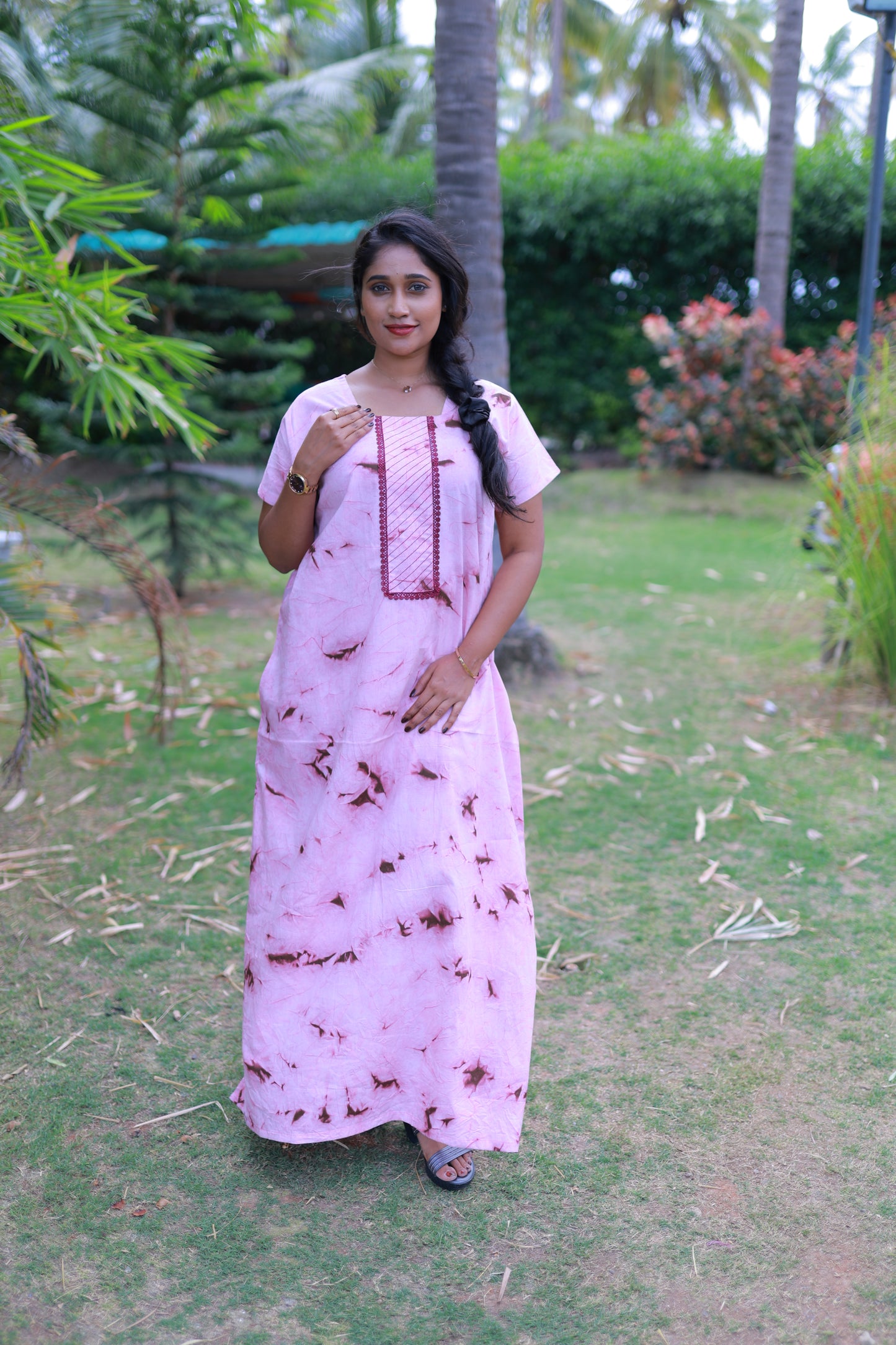 Peach With Maroon  Tie and Dye Design Without Zip Nighty