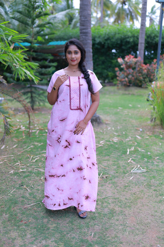 Peach With Maroon  Tie and Dye Design Without Zip Nighty