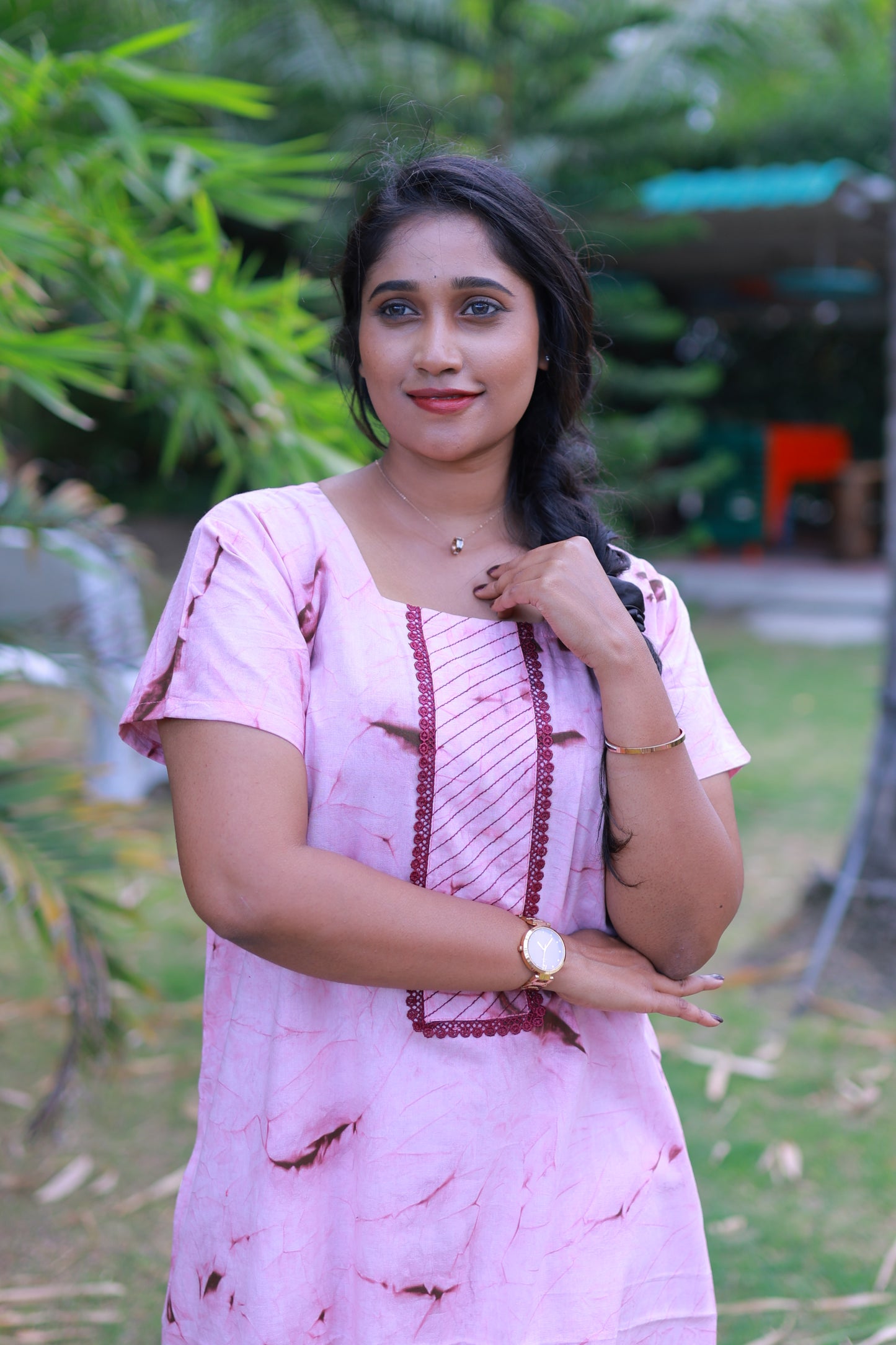 Peach With Maroon  Tie and Dye Design Without Zip Nighty