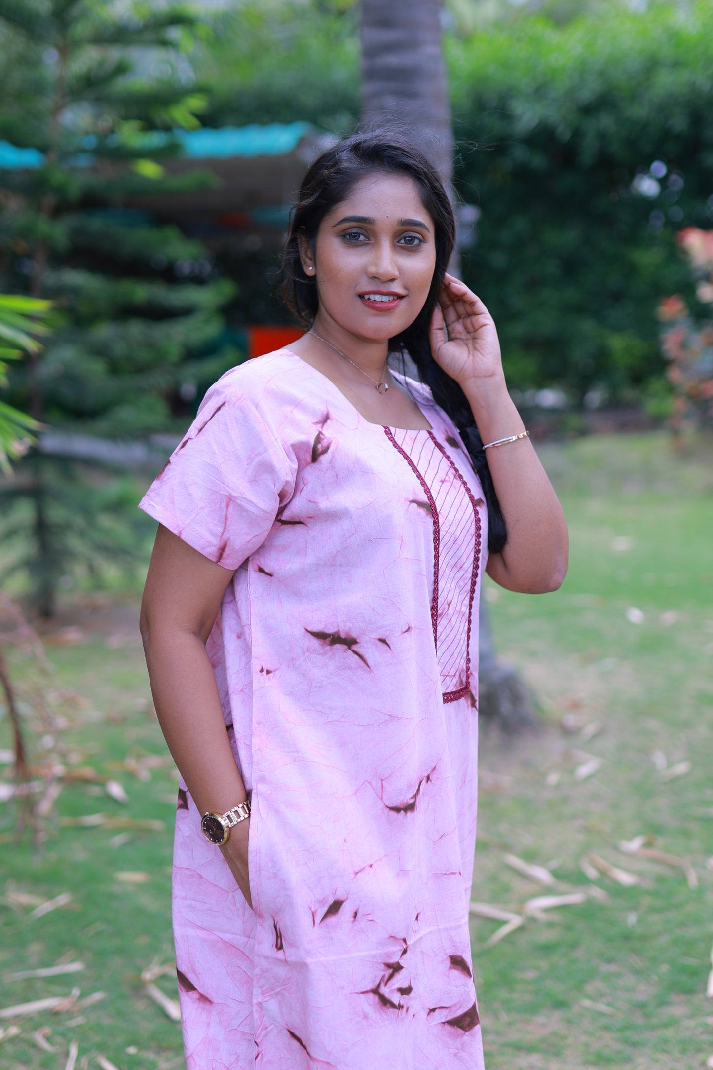 Peach With Maroon  Tie and Dye Design Without Zip Nighty