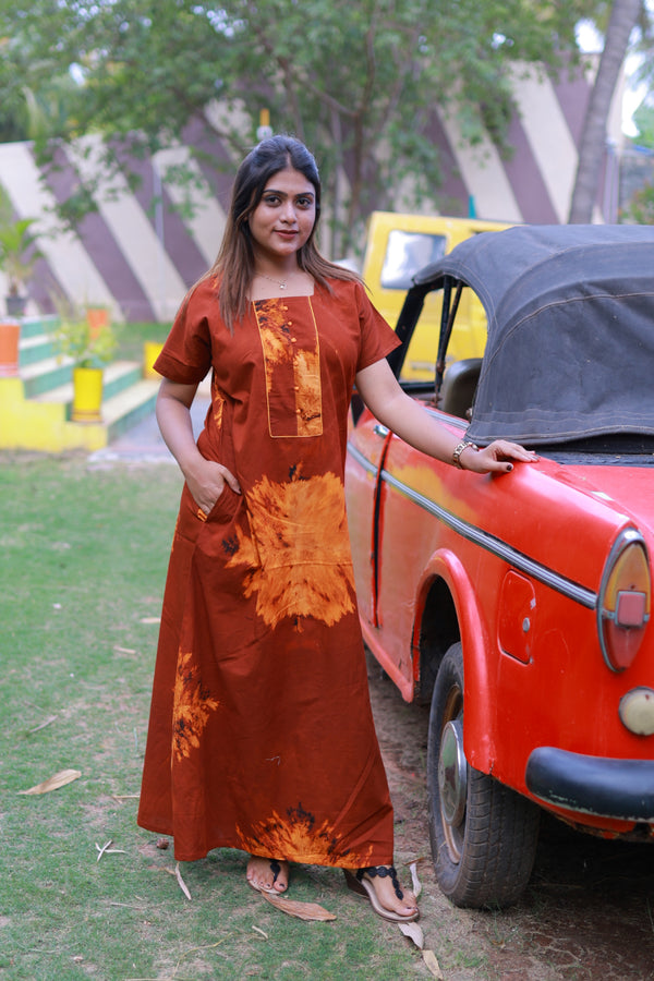 Maroon With Orange Tie and Dye Design Without Zip Nighty