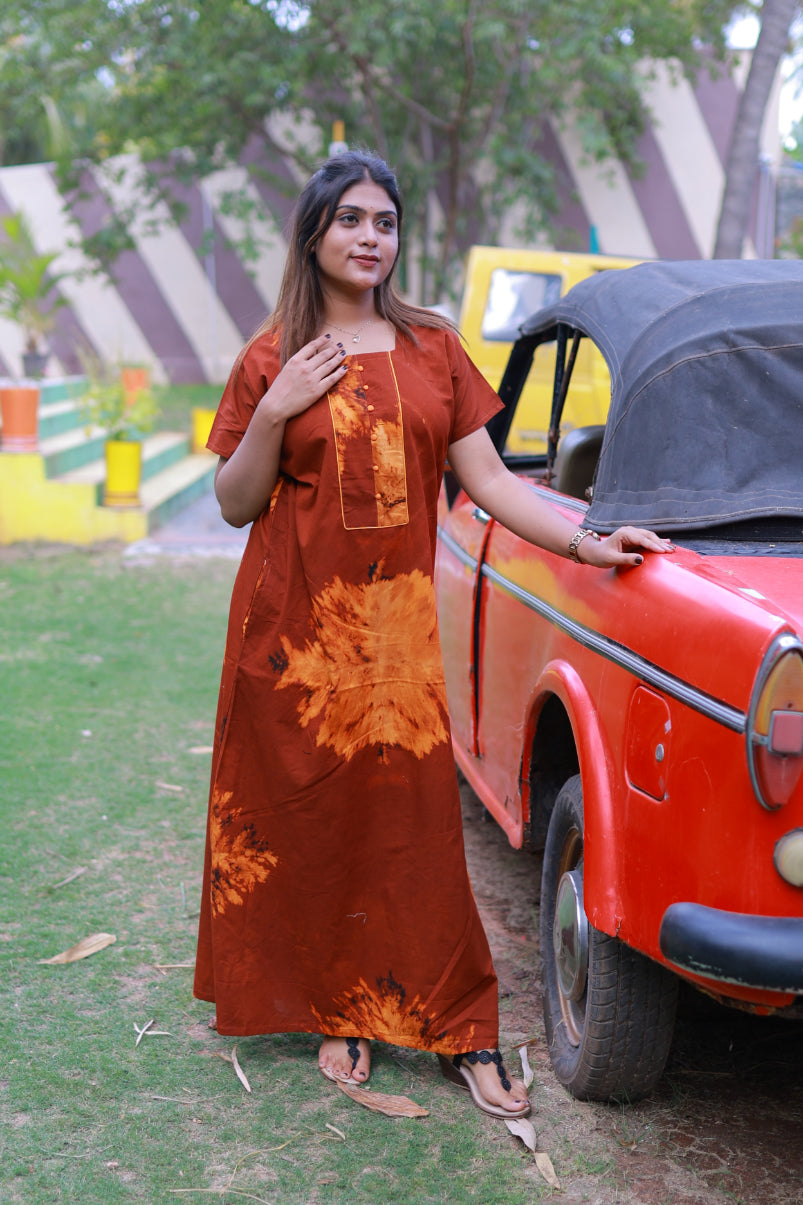 Maroon With Orange Tie and Dye Design Without Zip Nighty