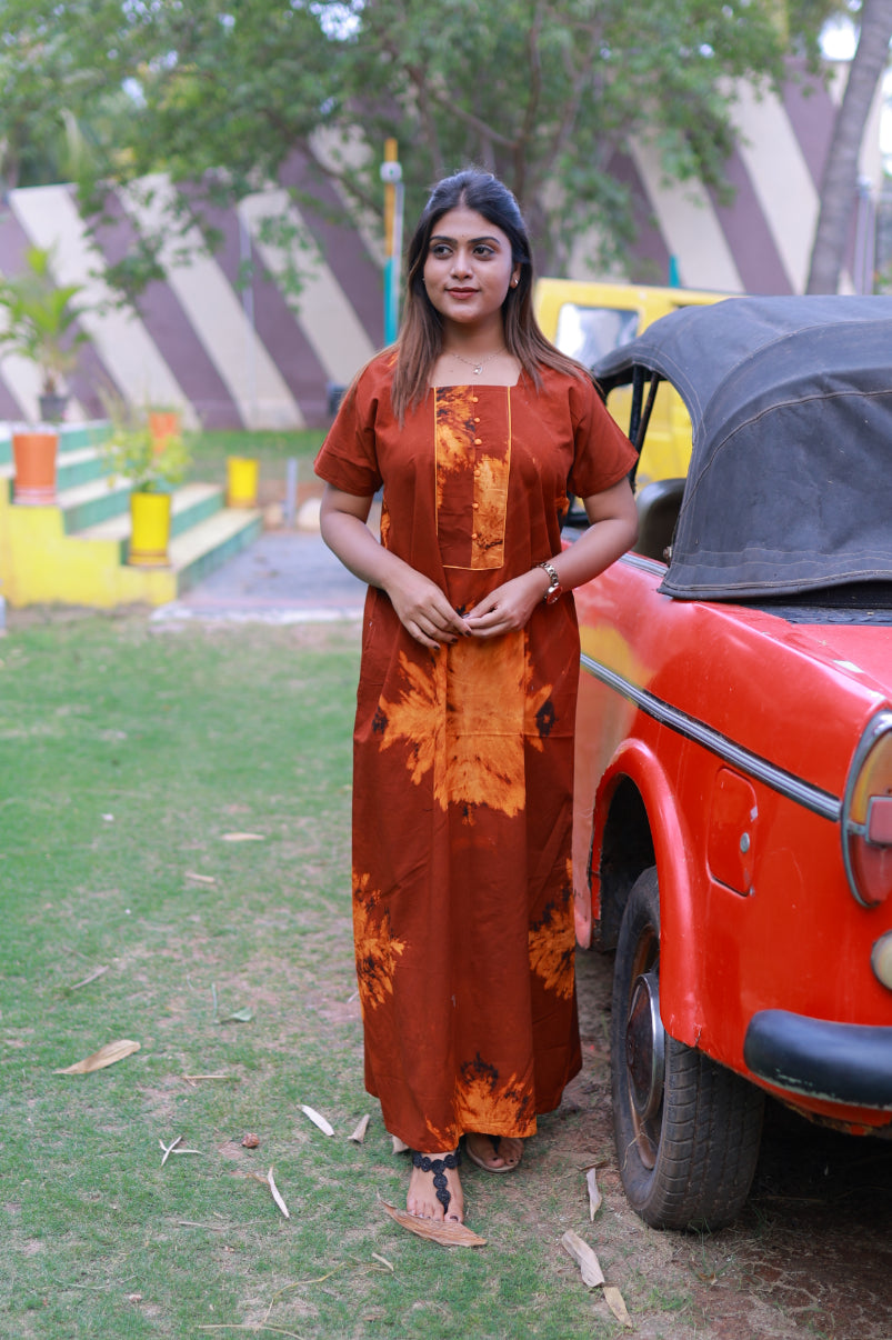 Maroon With Orange Tie and Dye Design Without Zip Nighty