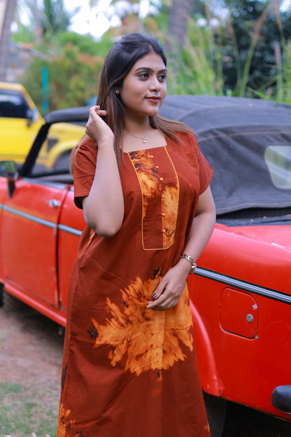 Maroon With Orange Tie and Dye Design Without Zip Nighty
