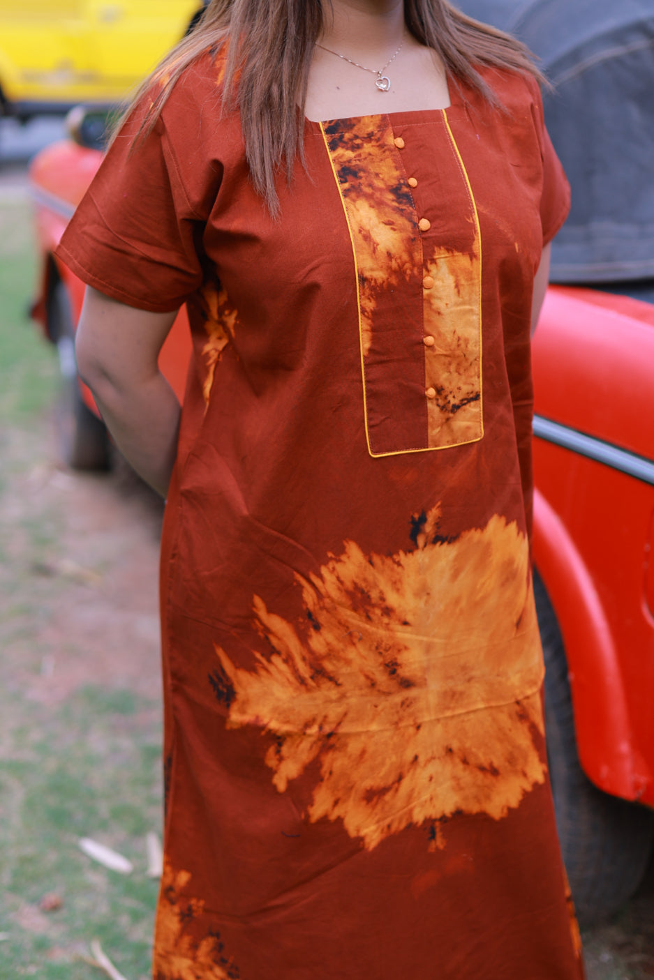 Maroon With Orange Tie and Dye Design Without Zip Nighty