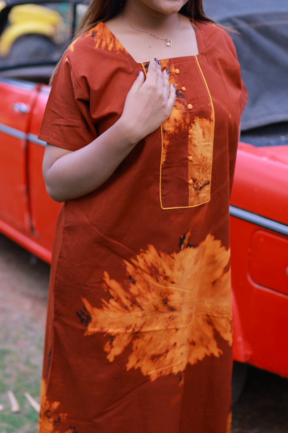 Maroon With Orange Tie and Dye Design Without Zip Nighty
