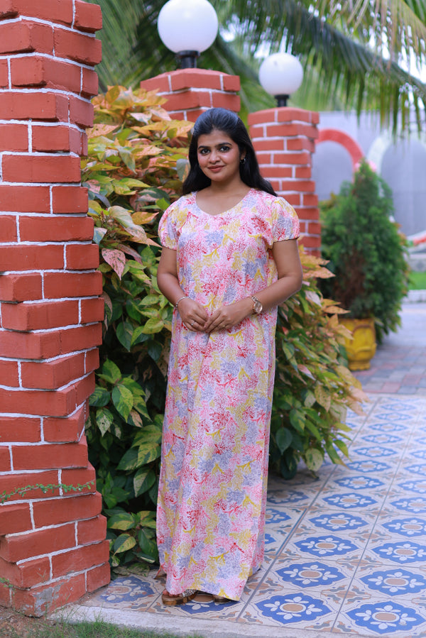 Pink & Yellow With Red  V Neck Pattern Puff Sleeve Without Zip Nighty