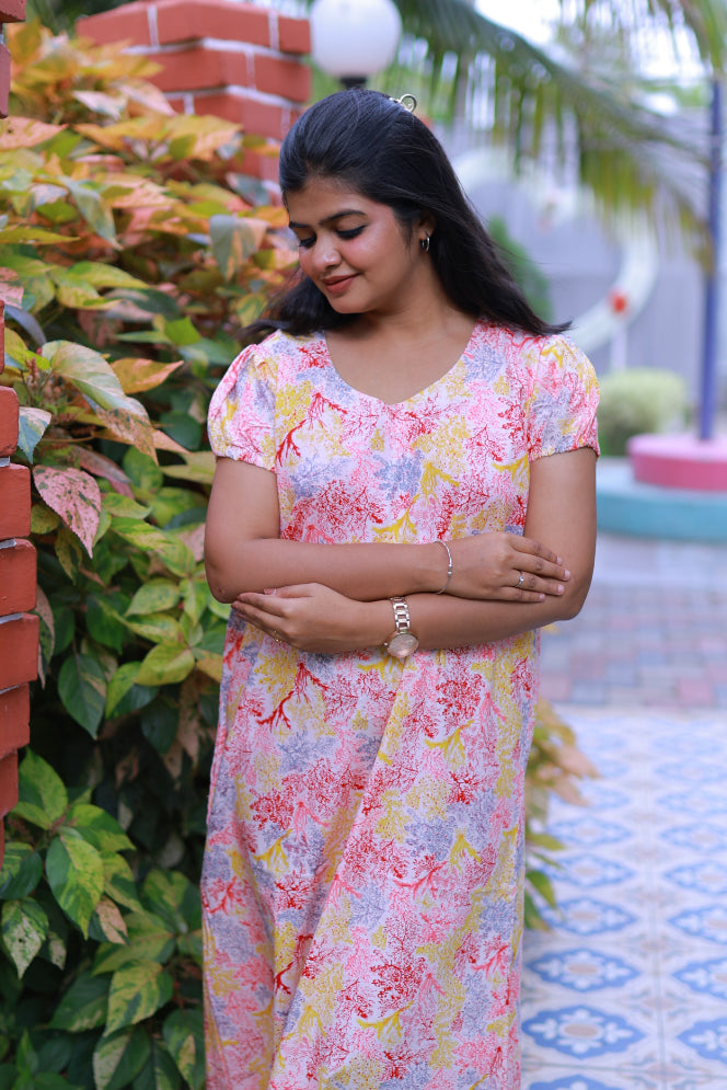 Pink & Yellow With Red  V Neck Pattern Puff Sleeve Without Zip Nighty