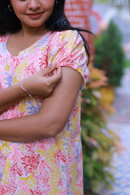 Pink & Yellow With Red  V Neck Pattern Puff Sleeve Without Zip Nighty