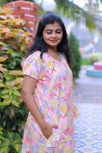 Pink & Yellow With Red  V Neck Pattern Puff Sleeve Without Zip Nighty
