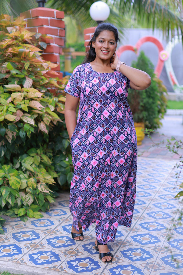 Pink With Purple Floral Design Vertical Side Zip Feeding Nighty