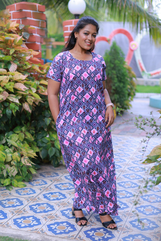 Pink With Purple Floral Design Vertical Side Zip Feeding Nighty