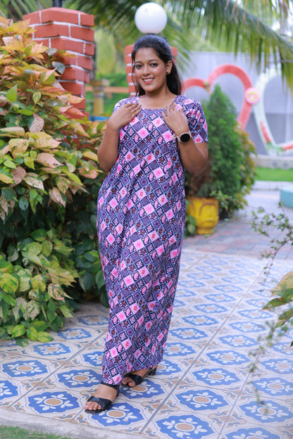 Pink With Purple Floral Design Vertical Side Zip Feeding Nighty