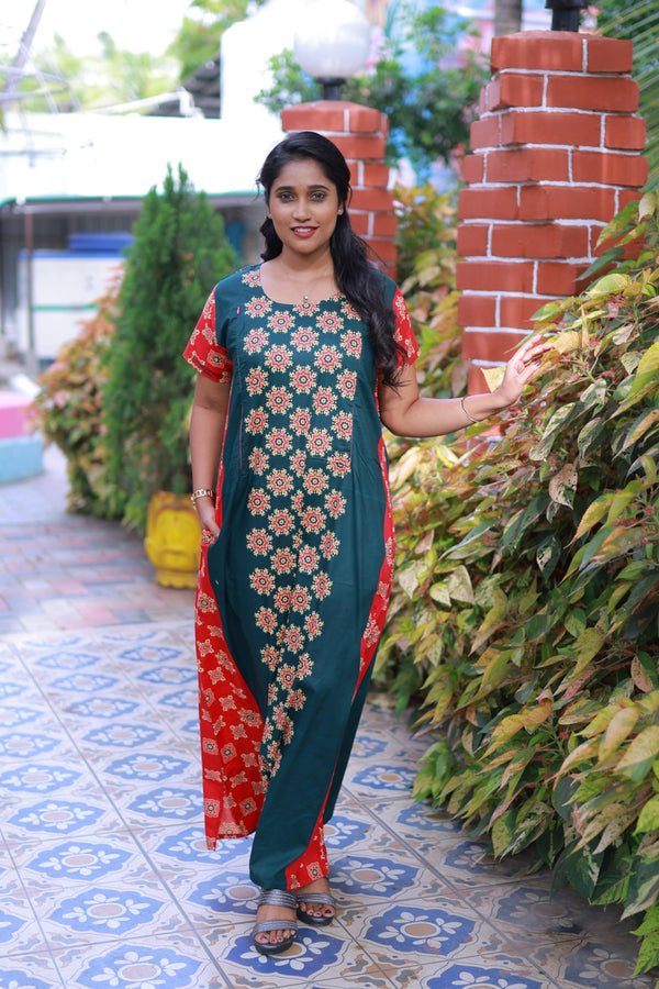 Dark Green With Pink Flower Design Vertical Side Zip Feeding Nighty