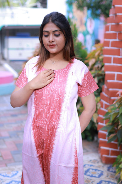 Light Pink With Dark Brown Dot Design Vertical Side Zip Feeding Nighty