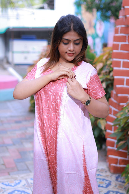 Light Pink With Dark Brown Dot Design Vertical Side Zip Feeding Nighty