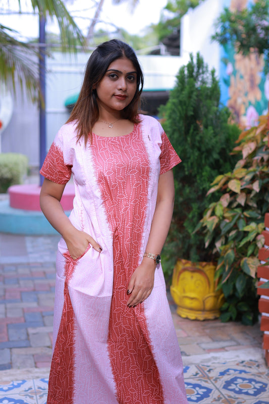 Light Pink With Dark Brown Dot Design Vertical Side Zip Feeding Nighty