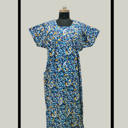 SUPER - Navy Blue with Yellow Flower design long zip Feeding Nighty - 3XL