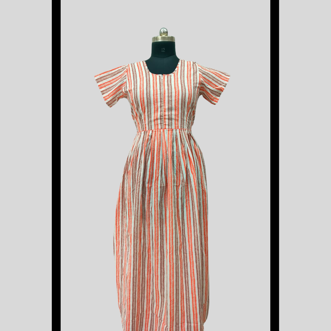 LATEST - Cambric cotton Orange With Brown Frock Type Maxi with invisible center zip