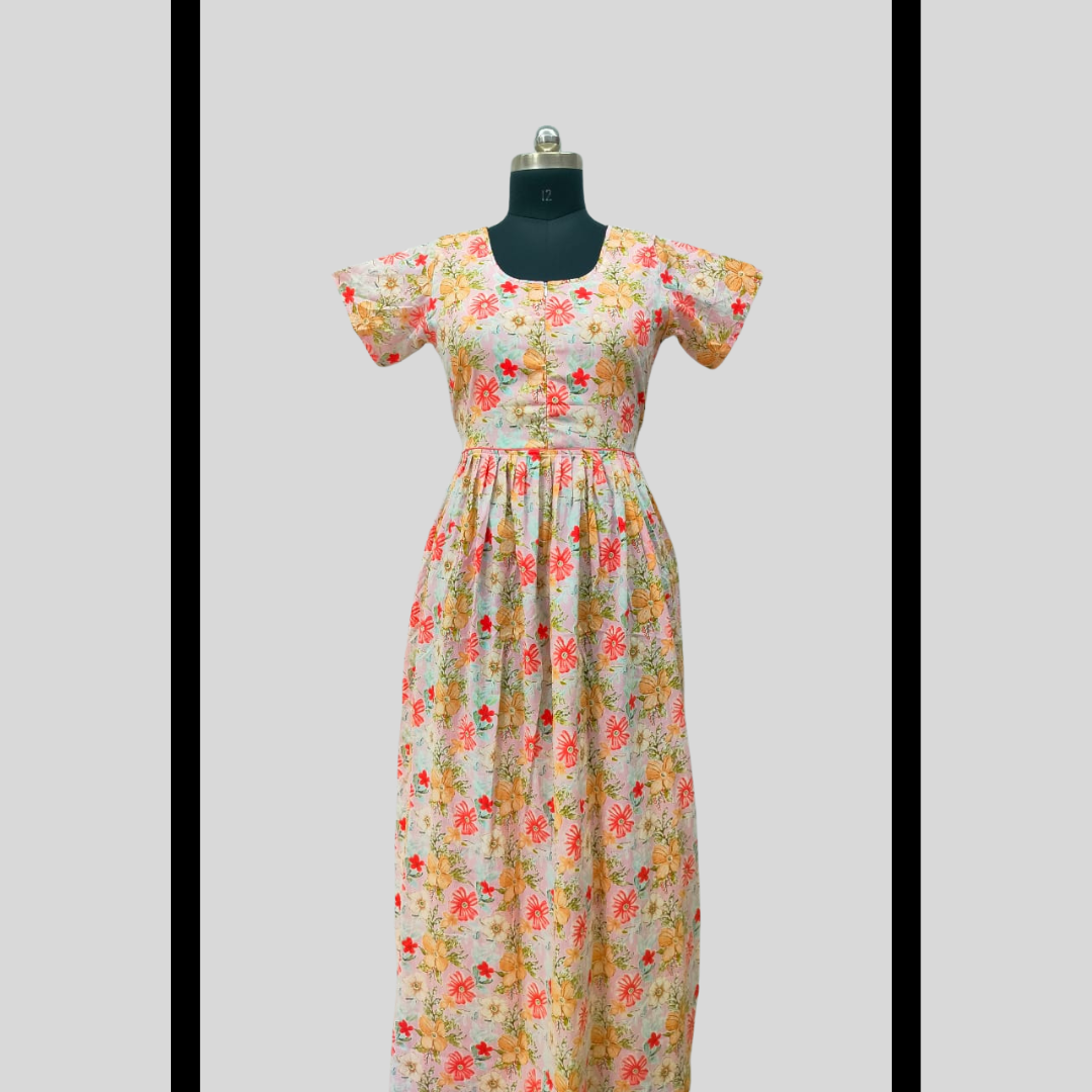 LATEST - Cambric cotton Light  Pink With Red Flowers Frock Type Maxi with invisible center zip