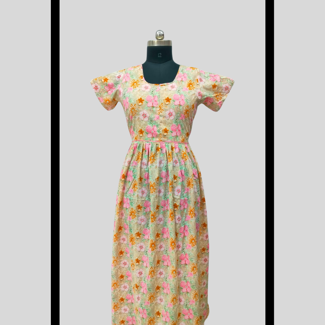 LATEST - Cambric cotton Light Brown With Pink Flowers Frock Type Maxi with invisible center zip