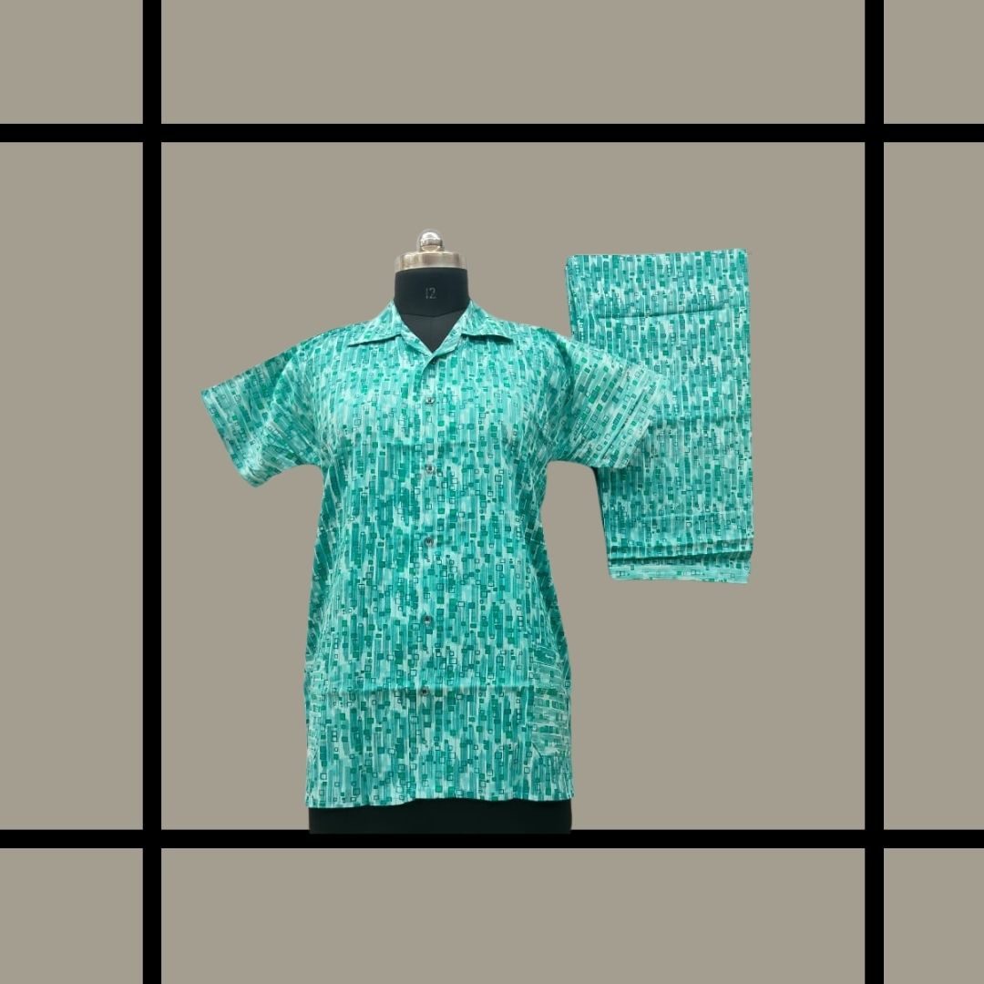 FANCY - Green with Dark green box design with full button collar type Nightdress