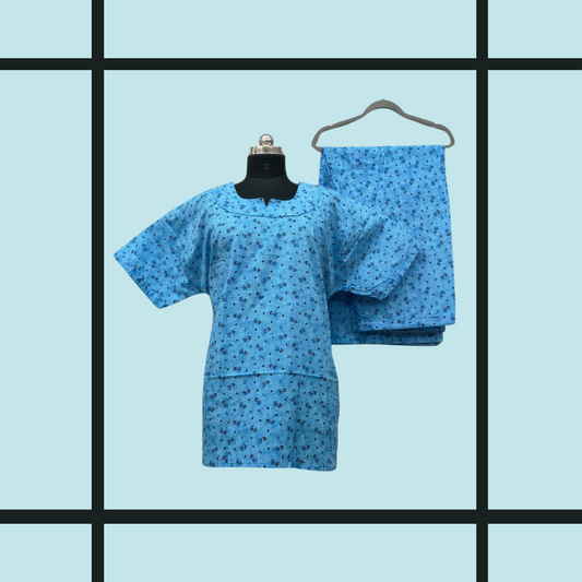 Super -Light blue with flower  with U neck Nightdress-4xl, 5xl