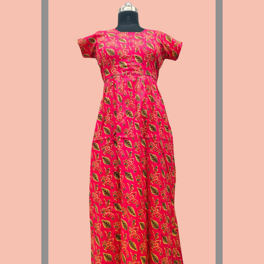 SUPER - Pink With Sandal Leaf design Frock Type Maxi with invisible zip