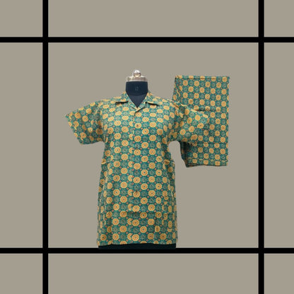 Latest 40s*40s cotton - Green  with Light yellow digital print with full button collar type Nightdress