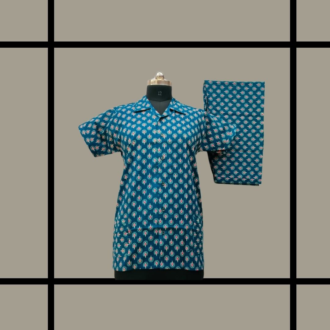 Latest 40s*40s cotton -Dark blue with sandal digital print with full button collar type Nightdress