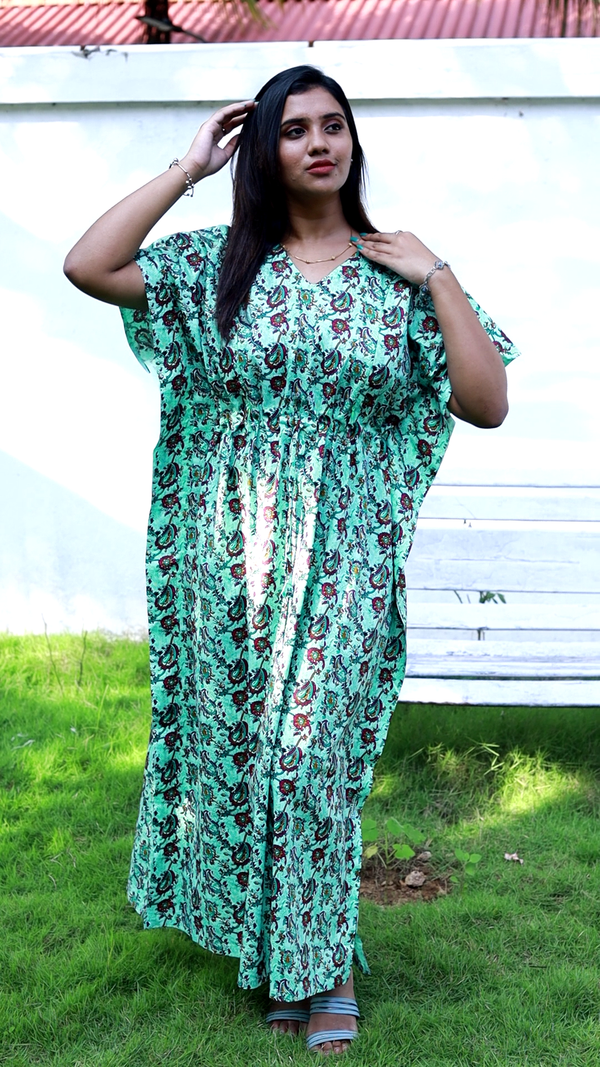 Pretty kalamkari print casual cotton kaftan with feeding side zip