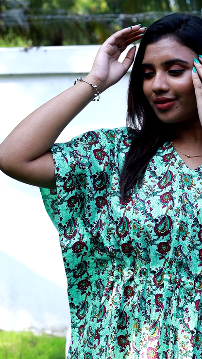 Pretty kalamkari print casual cotton kaftan with feeding side zip