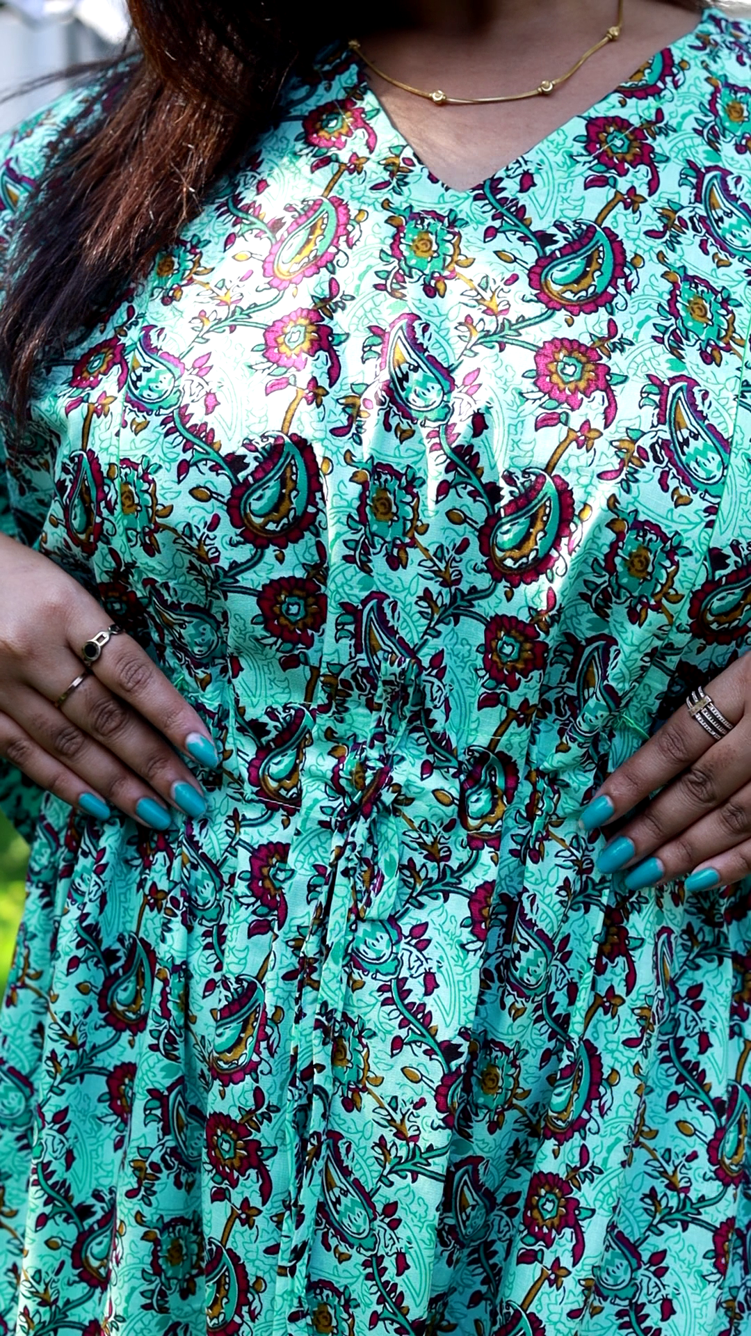 Pretty kalamkari print casual cotton kaftan with feeding side zip