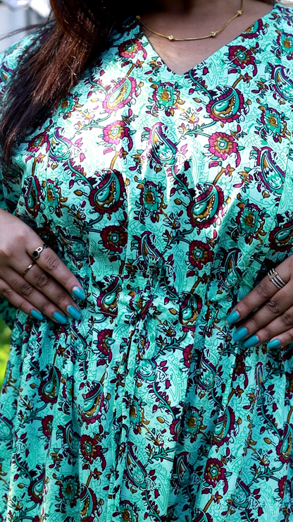 Pretty kalamkari print casual cotton kaftan with feeding side zip