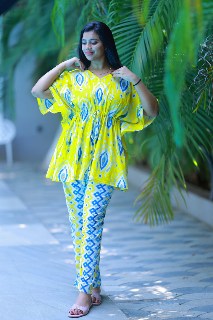 Yellow Ikat Desing Pretty Jaipur cotton kaftan with pyjamas set ( 2 pcs set ) - AHA Nightwears