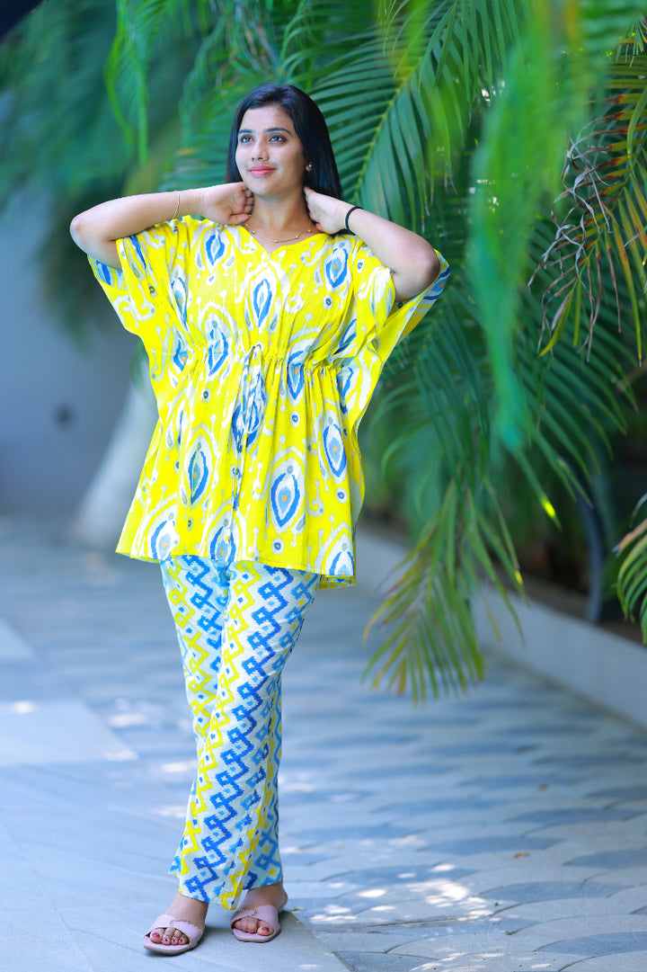 Yellow Ikat Desing Pretty Jaipur cotton kaftan with pyjamas set ( 2 pcs set ) - AHA Nightwears